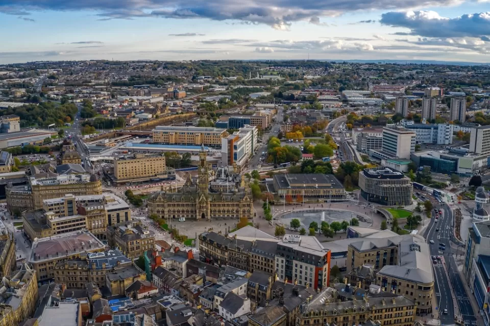 Aerial view of dense historic urban area of Bradford, United Kingdom.